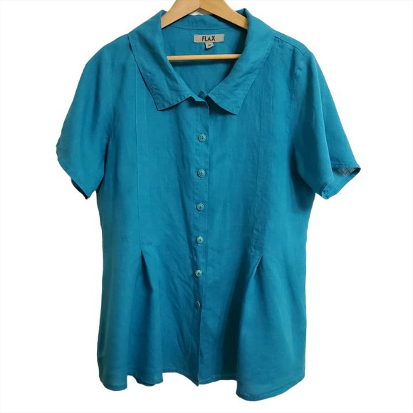 FLAX Womens Button-Up Shirt Tunic M Linen Short Sleeve Teal Blue Lagenlo… - Picture 3 of 9